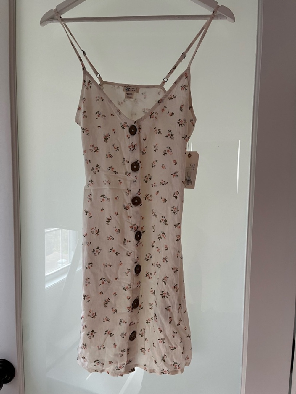 Billabong White Mini Dress with Brown Buttons and Pink Floral Print